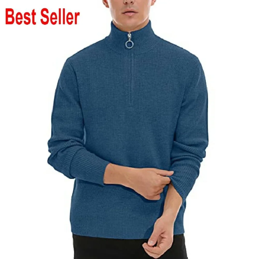 Quarter Zip Turtleneck Sweater Classic Ribbed Pullover Soft Knit Men's